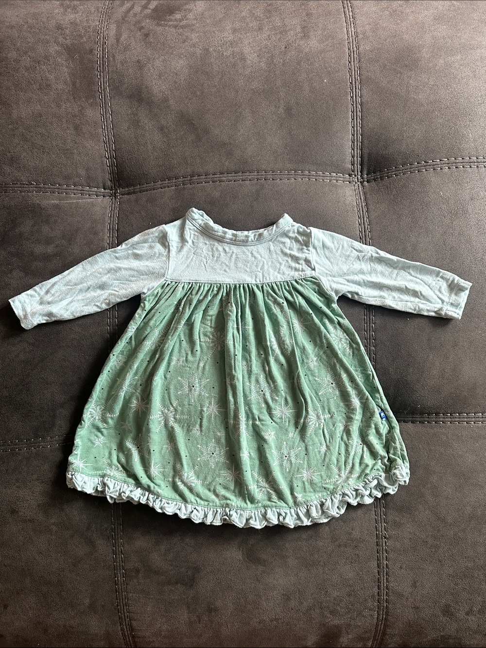Kickee Pants Snowflake Green and Light Green Long-Sleeve Dress Ruffle Hem